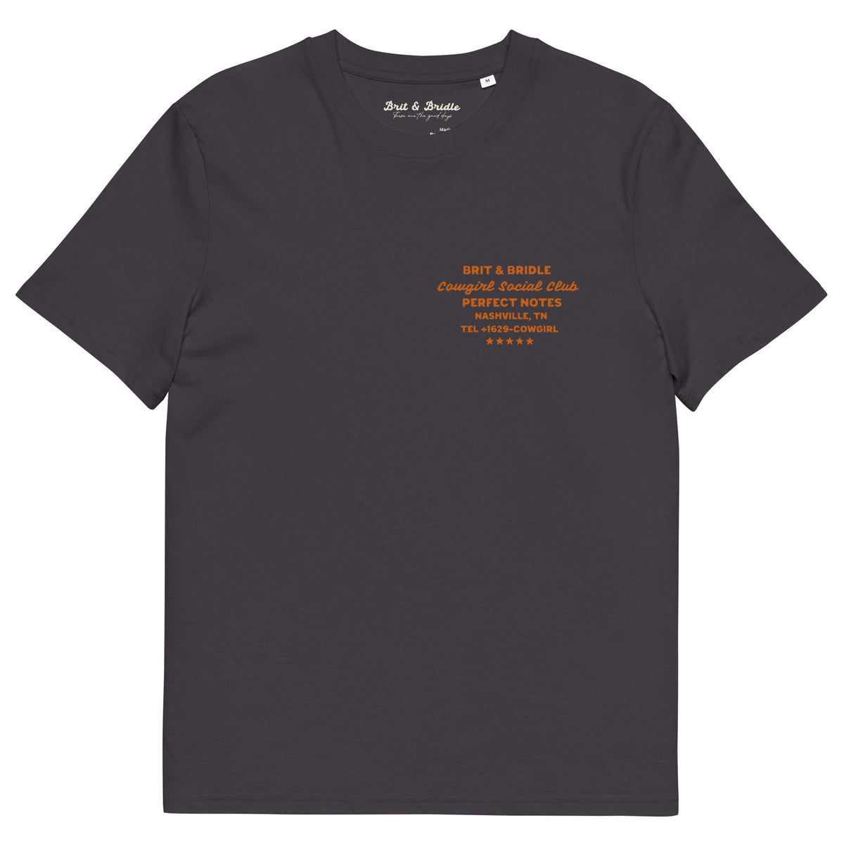 A dark charcoal gray short-sleeve t-shirt with orange text printed on the left chest. The inner neck label shows the brand 'Brit & Bridle'.