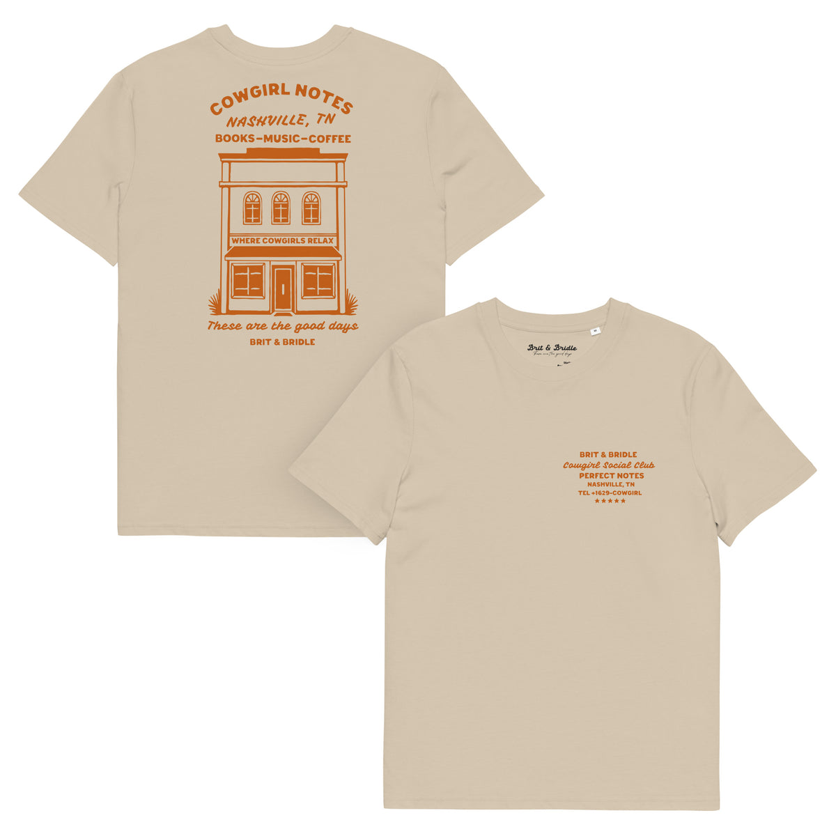 Two beige short-sleeve T-shirts shown on a white background, with the back view on the left and the front view on the right. The shirts feature orange printed graphics and text, including 'COWgirl Notes' on the back and smaller text on the front chest.