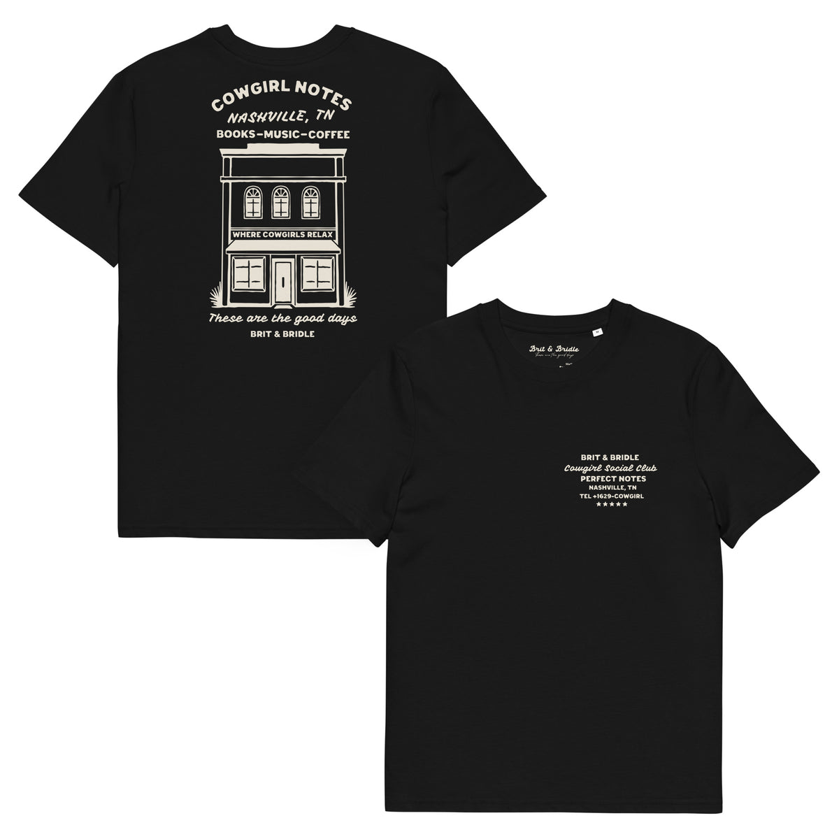 Black short-sleeve t-shirt shown from the back and front, featuring white printed graphics and text. The back displays a large white illustration of a building with 'Cowgirl Notes' text, and the front has small white text on the left chest.