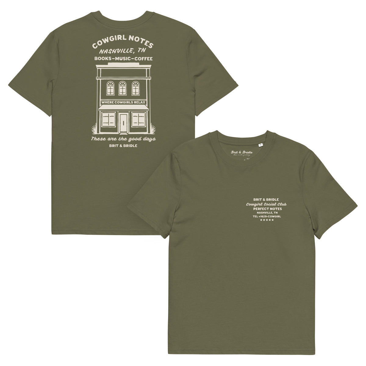 Two olive green short-sleeve t-shirts shown on a plain white background, displaying the front and back designs. The back shirt features a large white graphic of a building with 'Cowgirl Notes' text, while the front shirt has small white text on the left chest.