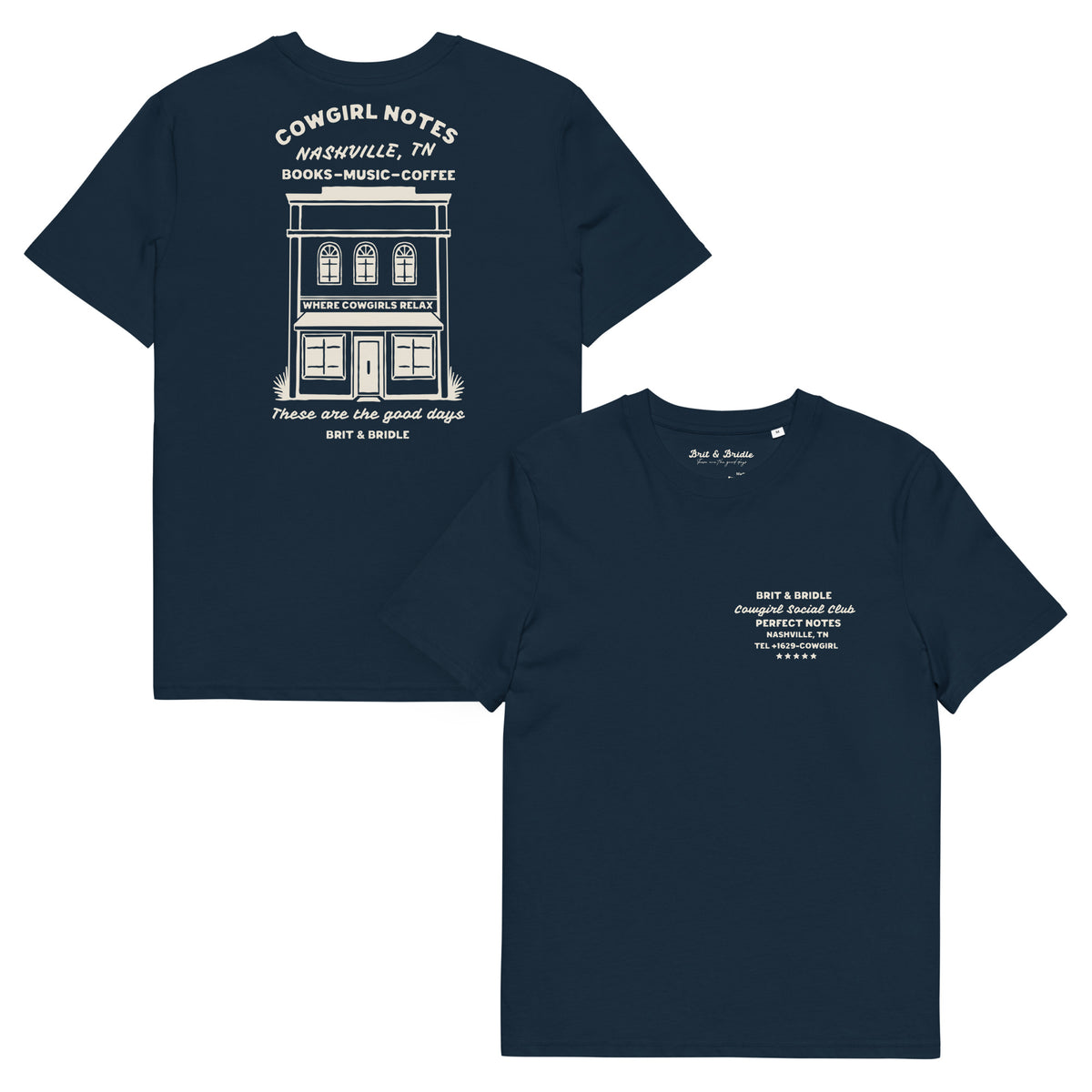 Two navy blue short-sleeve t-shirts shown on a white background, displaying the front and back designs. The back shirt features a large white graphic of a building with 'Cowgirl Notes' text, while the front shirt has small white text on the left chest.