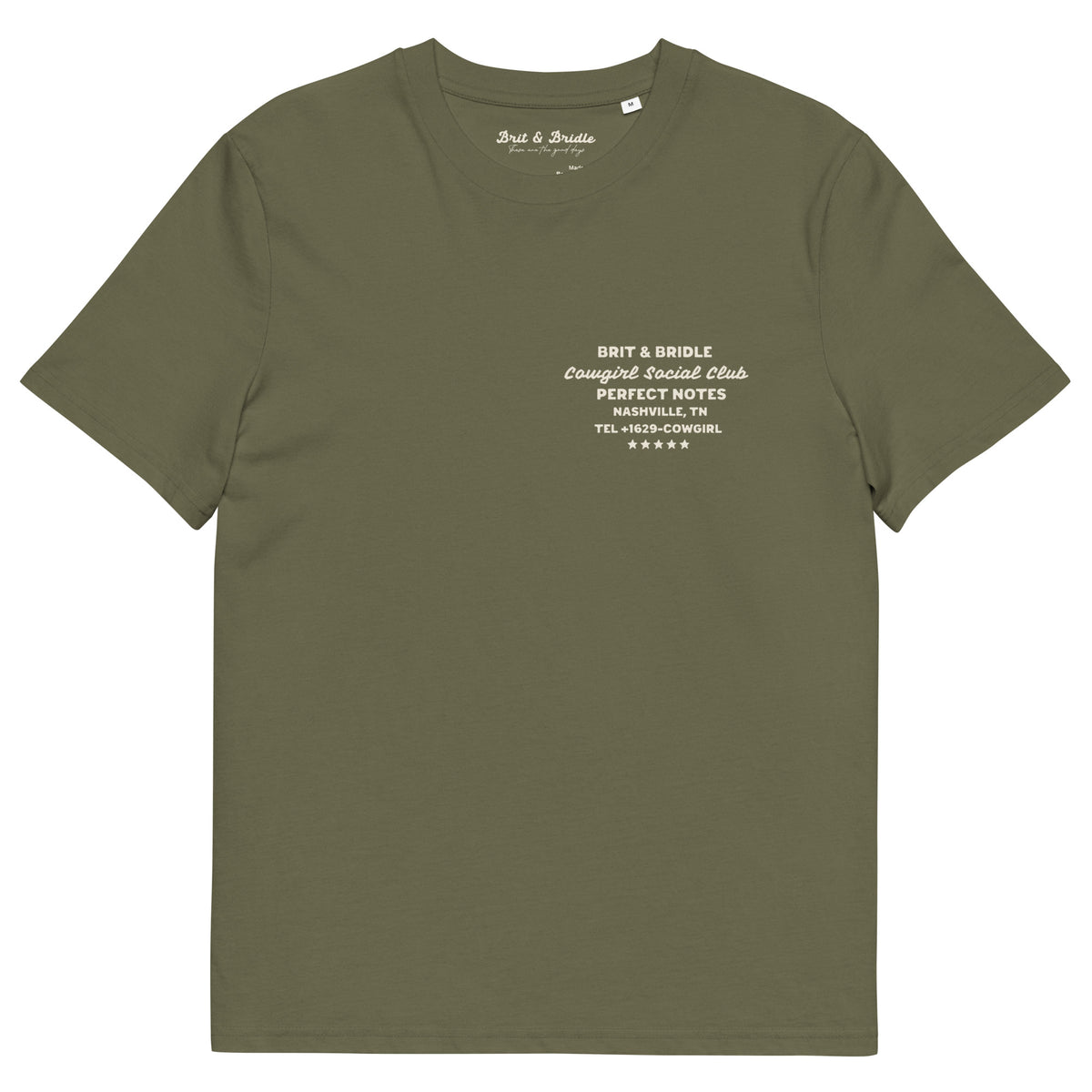 An olive green short-sleeve t-shirt with white printed text on the left chest reading 'BRIT & BRIDLE Connaught Football Club PERFECT NOTES', shown on a plain white background.