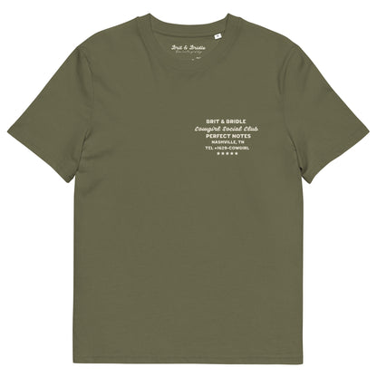 An olive green short-sleeve t-shirt with white printed text on the left chest reading 'BRIT & BRIDLE Connaught Football Club PERFECT NOTES', shown on a plain white background.