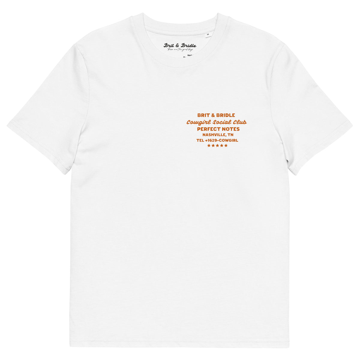 A white short-sleeve crewneck t-shirt with orange and black printed text on the left chest reading 'BRIT & BRIDLE Congregate Social Club PERFECT NOTES MASHVILLE, TN TEL: 940-269-2692' with five stars below.
