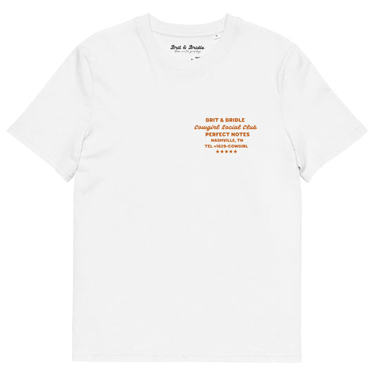 A white short-sleeve crewneck t-shirt with orange and black printed text on the left chest reading 'BRIT & BRIDLE Congregate Social Club PERFECT NOTES MASHVILLE, TN TEL: 940-269-2692' with five stars below.