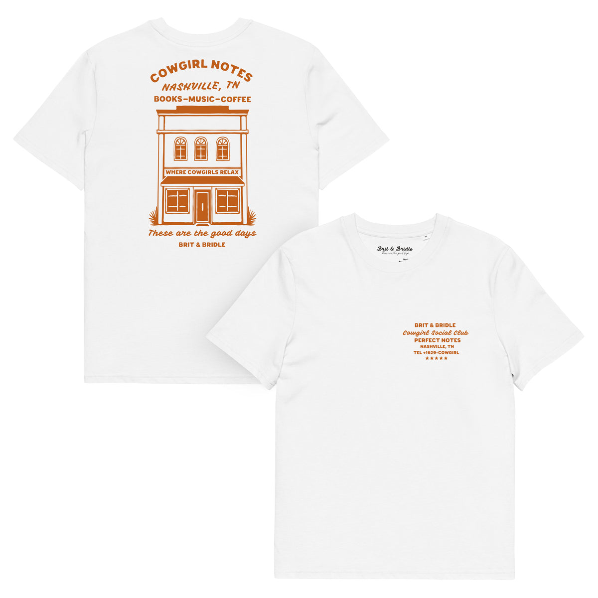 Two white short-sleeve T-shirts shown on a light gray background, with the back view on the left and the front view on the right. The shirts feature orange printed graphics and text: the back has a large building illustration and curved text reading 'Congirl Notes' and 'Mackville, TN Books - Music - Coffee'; the front has small orange text on the left chest.
