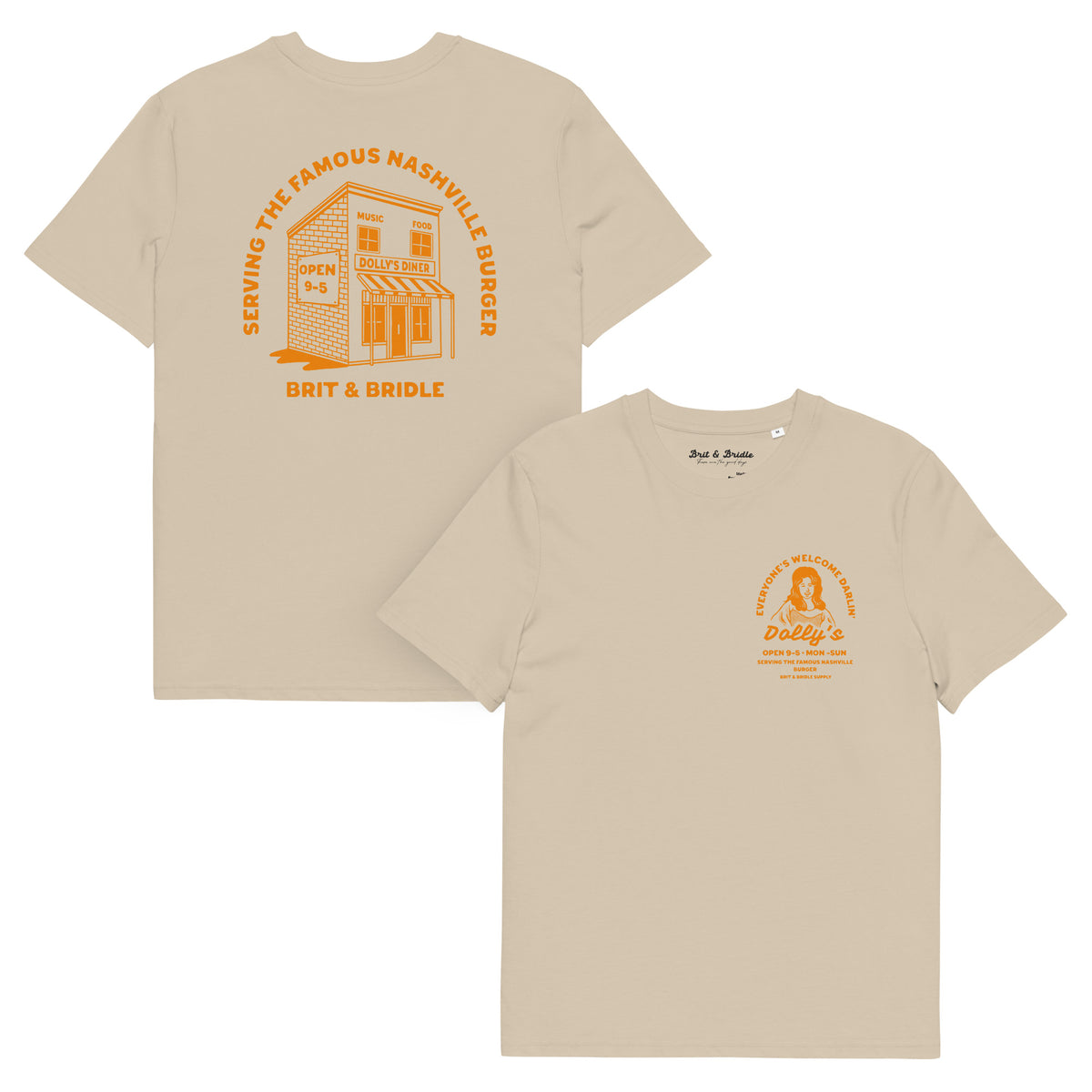 Two beige short-sleeve t-shirts shown on a white background, displaying the front and back designs. The back features a large orange graphic of a diner with the text 'SERVING THE FAMOUS NASHVILLE BUNGER' and 'BRIT & BRIDLE' below.