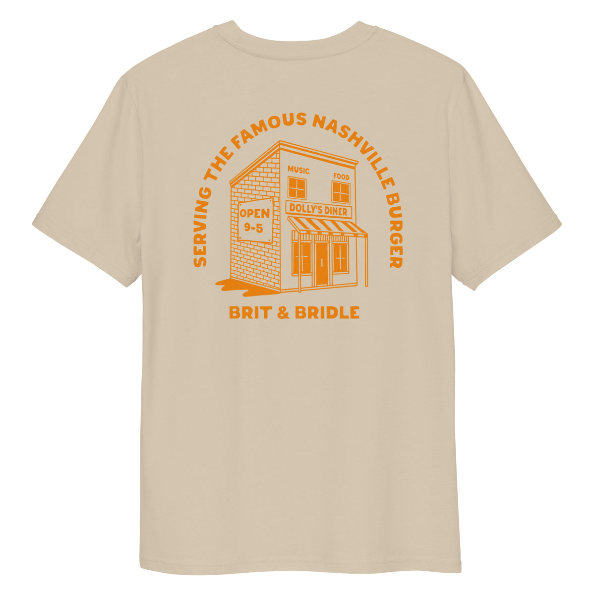A beige short-sleeve t-shirt shown from the back, featuring a prominent orange graphic print of a diner building with the text 'SERVING THE FAMOUS NASHVILLE BUNGER' and 'BRIT & BRIDLE'.