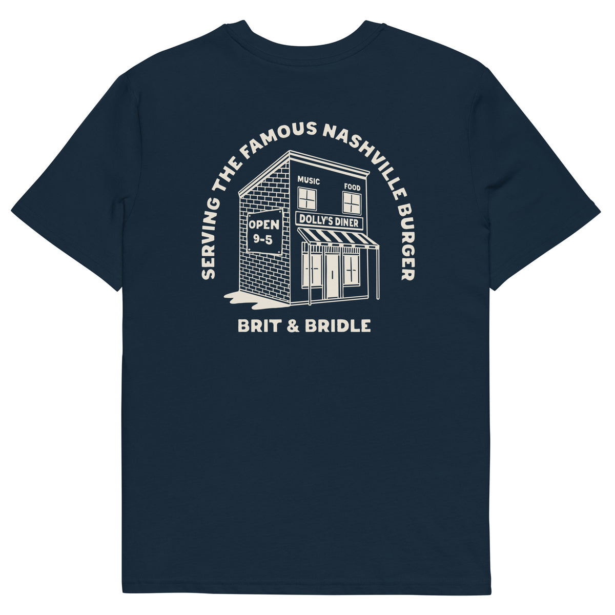 A white short-sleeve t-shirt with a large white graphic print on the back. The graphic features an illustration of a diner building with the text 'SERVING THE FAMOUS NASHVILLE BUNGER' arched above it and 'BRIT & BRIDLE' printed below.