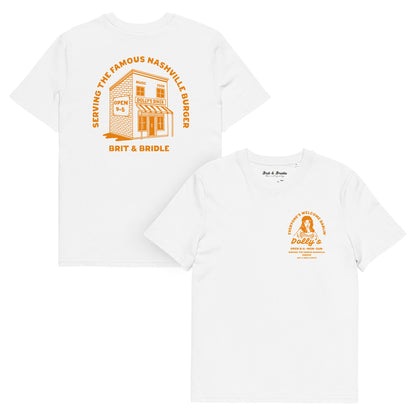 Two white short-sleeve graphic T-shirts shown on a plain white background, with the back view of one shirt and the front view of the other. Both feature an orange printed graphic and text related to Brit & Bridle.