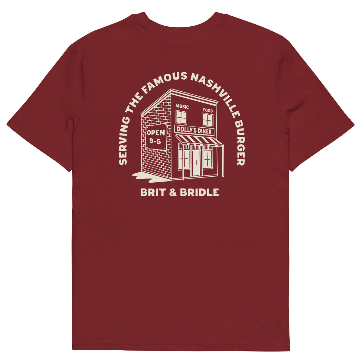 A white short-sleeve t-shirt with a large white graphic print on the back. The graphic features an illustration of a diner building with the text 'SERVING THE FAMOUS NASHVILLE BUNGER' arched above it and 'BRIT & BRIDLE' printed below.