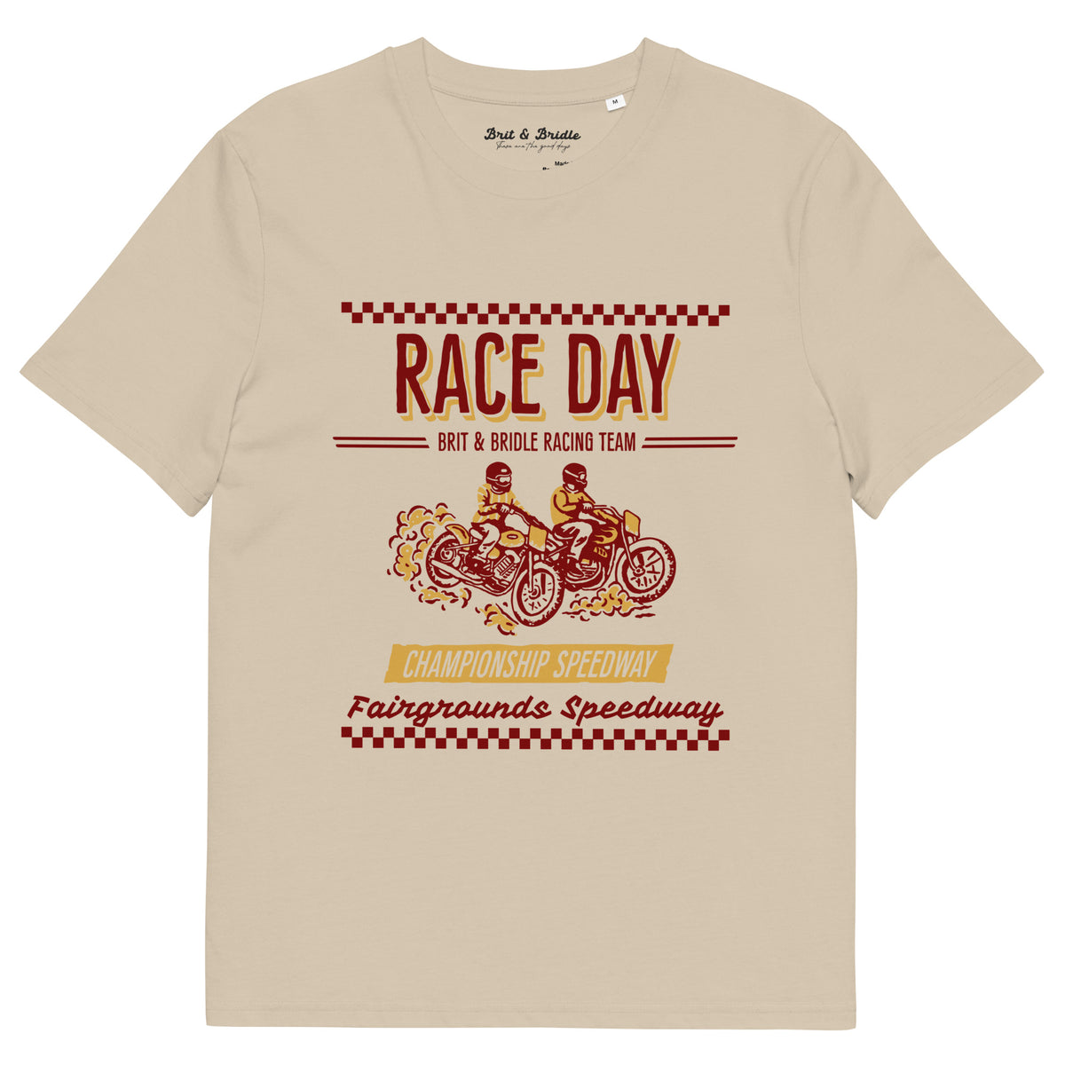 A beige crewneck t-shirt featuring a vintage-style racing graphic on the front with the text 'RACE DAY', 'BRIT & BRIDLE RACING TEAM', and 'Fairgrounds Speedway' in red and yellow.